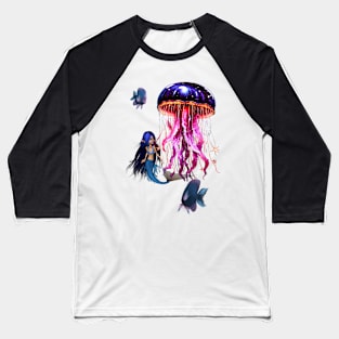 Cute mermaid looks at the beautiful jellyfish. Baseball T-Shirt